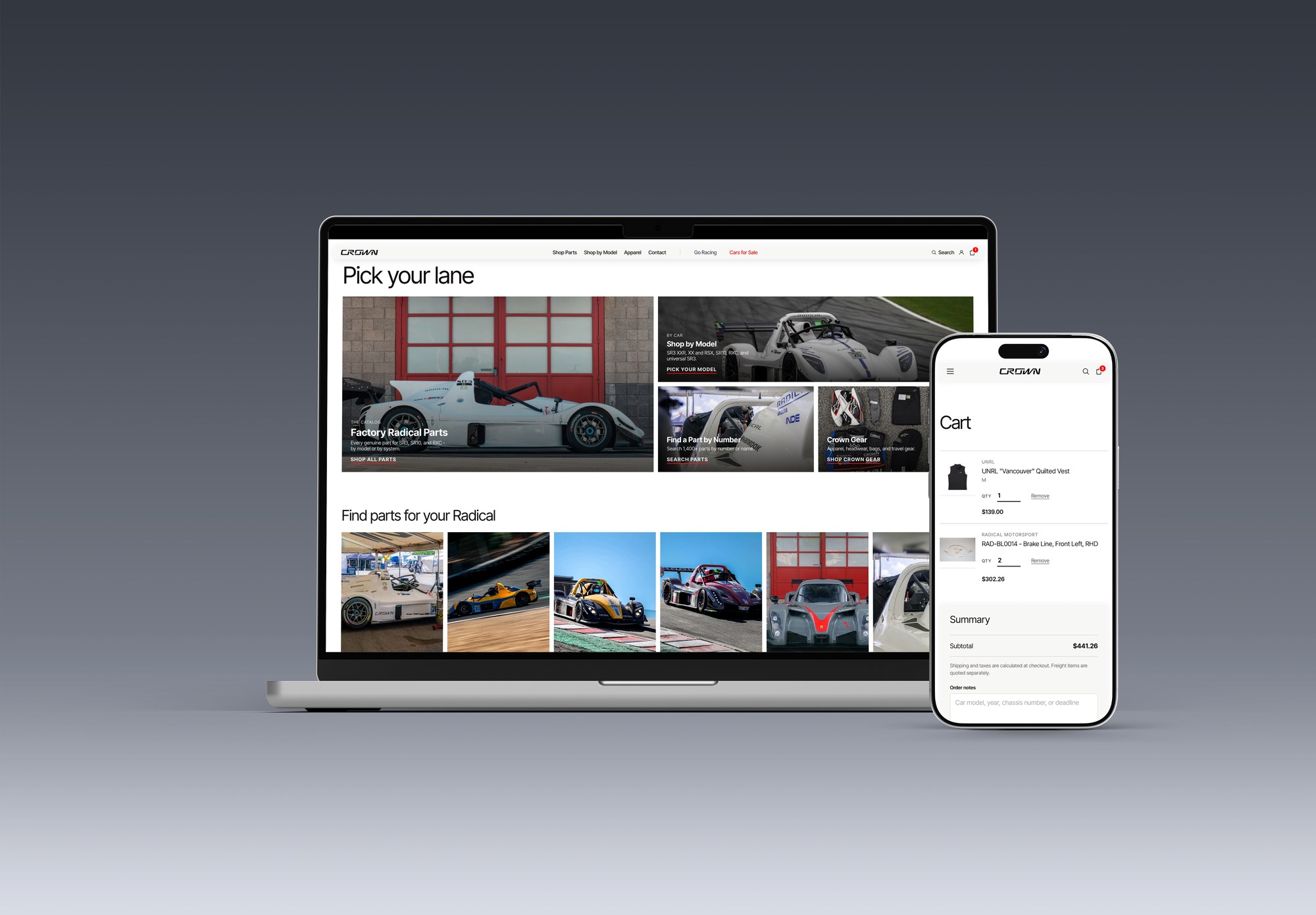 The Crown Speed Shop storefront on a laptop showing Factory Radical Parts, Shop by Model and Crown Gear, beside a phone showing a cart with a Radical brake line and a Crown gear vest