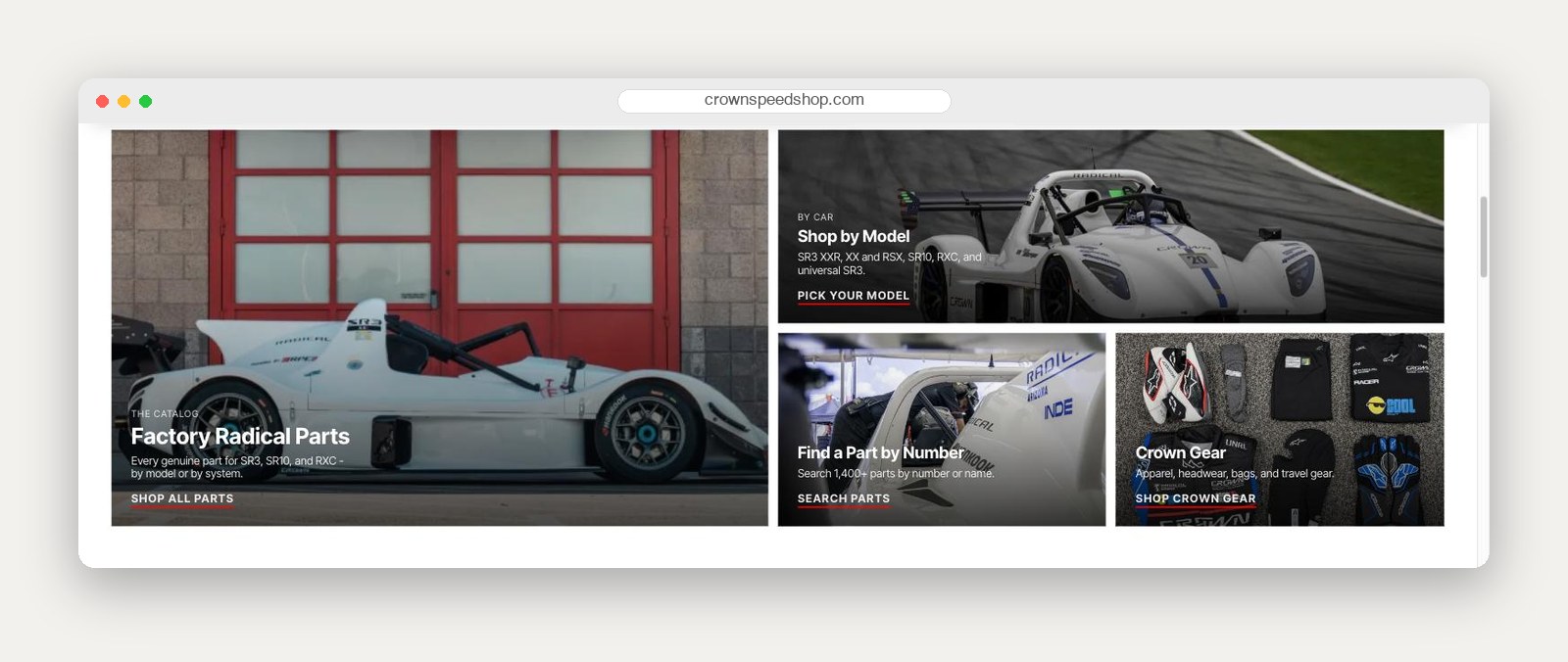 The Crown Speed Shop storefront showing Factory Radical Parts, Shop by Model, part number search, and Crown Gear