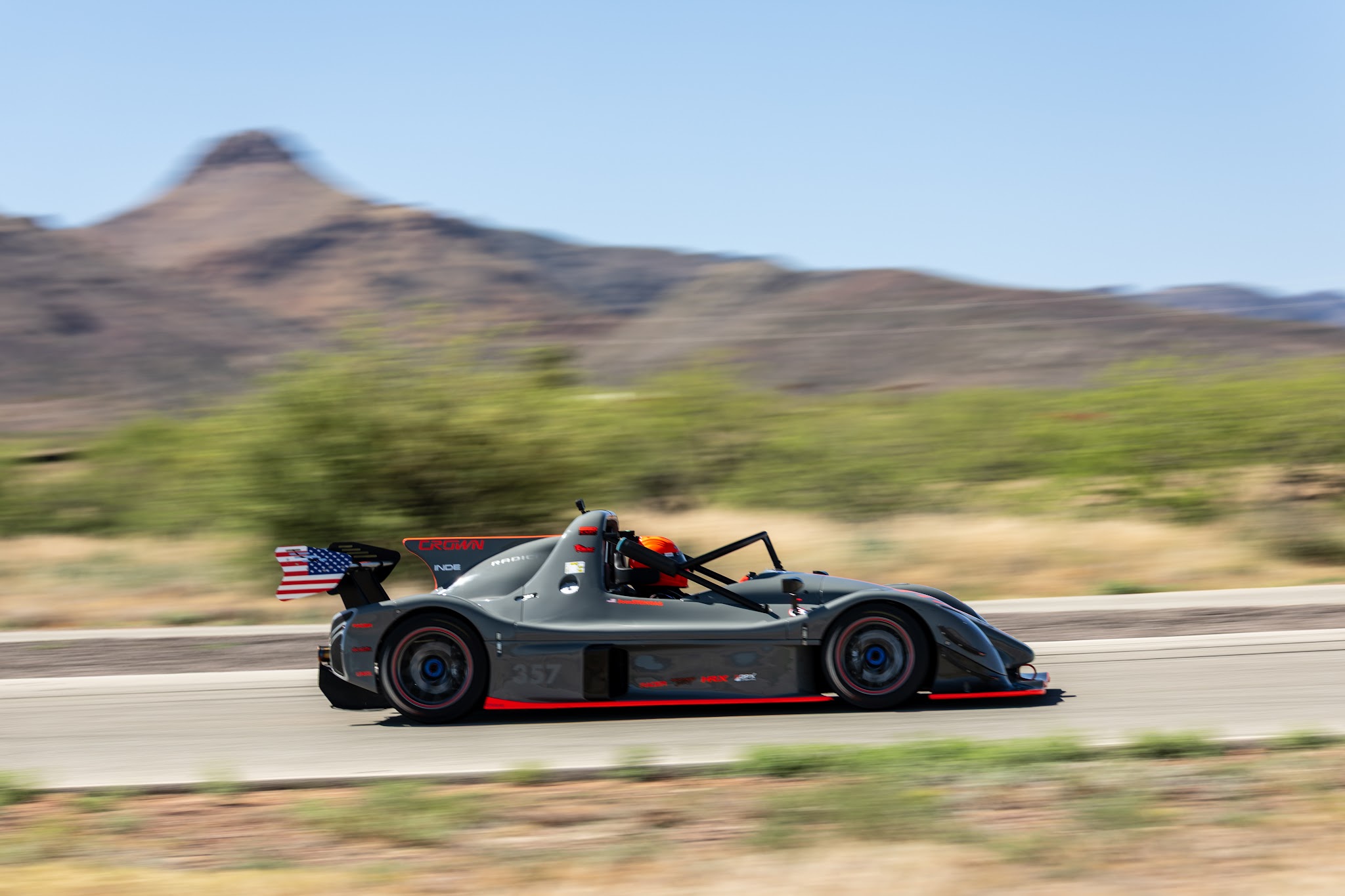 Number 357 Radical prototype in Crown livery on track at Inde Motorsports Ranch