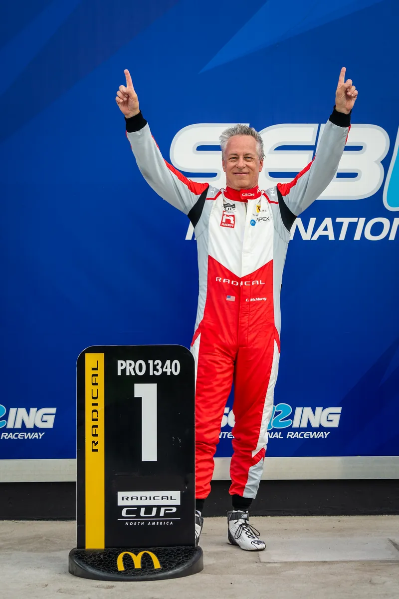 Crown Racing driver celebrating a PRO 1340 class win on the Radical Cup North America podium at Sebring